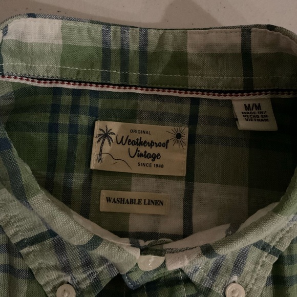 Weatherproof “Vintage” Shirt Short Sleeve Washable Linen Green Plaid Men’s Med - Picture 8 of 9